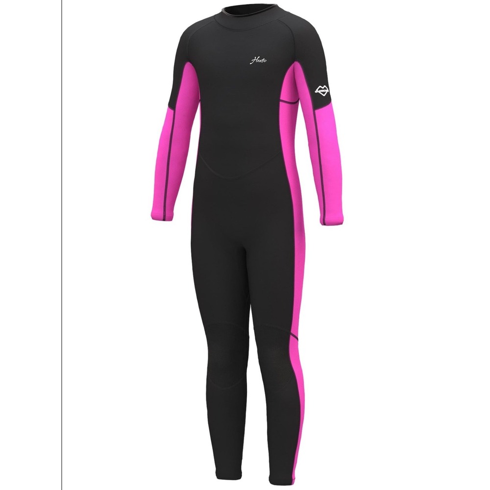 Hevto Kids Wetsuit 3/2mm Neoprene Black Pink Size 8 Excellent Full Body Back Zip